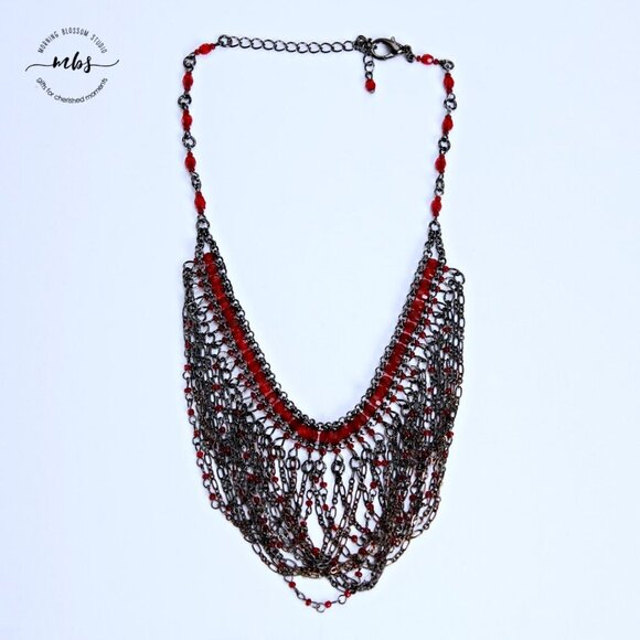 Vintage Red Black Beaded Multi Strand Draped Ovelapping Choker Necklace - Picture 2 of 5